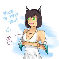 gentle small_man cleavage green_eyes dress short_hair looking_down cat_girl crossed_arms source_needed between_breasts