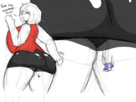 drawing color butt huge_breasts pantyshot short_hair shrunken_men unaware shrunken_man sketch falling voluptuous mini_skirt thaddeusmcboosh