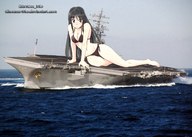 drawing giantess swimsuit ocean lying_down looking_at_viewer aircraft_carrier giantess_mio