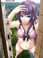 drawing swimsuit blue_eyes barefoot buildings photograph bow between_buildings giantess_mio looking_in