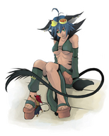 drawing giantess color toes green_eyes blue_hair red_hair sitting worship cat_girl toe_ring commission goggles cat_boy geta no_background nimbusestudio azumiharuki adan_rojas