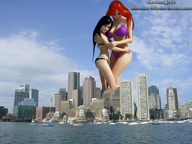 city mega cleavage red_hair looking_down skyscraper boats sky giantess_mio oceanfront digital_render