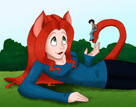 drawing gentle giantess tail color green_eyes red_hair lying_down cat_girl sharp_teeth pointed_ears lisagreywood