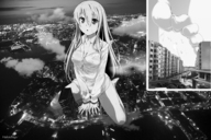 drawing city monochrome destruction toes barefoot buildings sitting skyscraper smoke night
