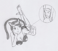 drawing gentle giantess size_difference monochrome barefoot lying_down sketch dangle cat_girl happy zoom chaosknightxz swinging gnarledcontradiction