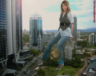 giantess collage city mega destruction high_heels butt_crush jeans sitting lilipucien looking_at_viewer sitting_on_building
