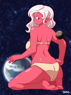 drawing giantess white_hair earth alien space color swimsuit planet barefoot moon kneeling blazbaros looking_back looking_at_viewer stars red_skin cosmic_giantess cosmos