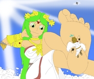 drawing giantess crush color long_hair barefoot green_eyes goddess green_hair foot_crush looking_at_tiny pit palutena kid_icarus lady_palutena