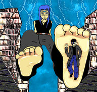 drawing crush color barefoot blue_hair shrunken_men foot_crush shrunken_man under_foot lightning