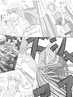 drawing giantess city monochrome long_hair destruction multiple_giantesses buildings translate_me short_shorts giantesses dialogue uru
