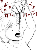 drawing crush monochrome tongue handheld blood gore death open_mouth cruel hand_crush uru looking_at_tiny drinking_blood wringing