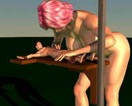 breasts small_man penis sex pink_hair bondage unknown_artist handjob amazon looking_at_tiny digital_render
