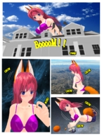 growth giantess blushing giga tail city space comic large_breasts swimsuit blue_eyes planet buildings outgrowing_building red_hair between_fingers fox_girl giga-sakura pointed_ears digital_render cosmic_giantess kasuko-san