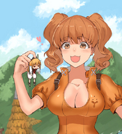 drawing giantess color handheld cleavage brunette brown_eyes smiling open_shirt dangle between_fingers seven_deadly_sins ガンホーの養分のアジト ganhoo_no_yoobun_no_ajito meliodas_(nanatsu_no_taizai) diane_(seven_deadly_sins)