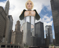 breasts giantess collage city mega blonde gloves short_hair looking_down