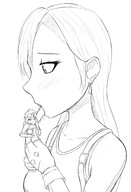 drawing blushing monochrome long_hair tongue licking handheld tifa_lockhart final_fantasy_7 shrunken_woman