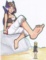 feet blonde barefoot blue_hair sitting unaware shrunken_woman cat_girl closed_eyes commission raised_foot zgriffen1 dvtdude