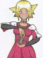 drawing giantess blushing blonde color blue_eyes dress grin looking_down dangle commission zgriffen1 chain_mail