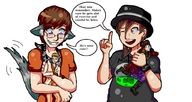 drawing glasses brunette short_hair shrunken_men shrunken_man looking_down hugging dialogue no_background fedora