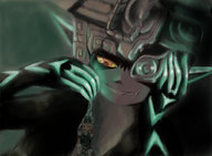 drawing giantess color red_eyes fang midna dangle looking_at_tiny twilight_princess the_legend_of_zelda marshallina grandezu link_(the_legend_of_zelda)