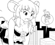 drawing giantess city monochrome cleavage buildings looking_down maid_uniform jirokatsu mouse_girl hank88