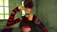 green_eyes shrunken_men piercings shrunken_man cruel scissors looking_at_tiny multicolored_hair digital_render detached_sleeves jamesmason0
