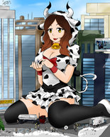 drawing gentle panties horns city upskirt color handheld cleavage buildings cow_girl thigh_highs crowds hank88 bell bell_choker milky-chan