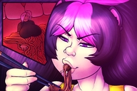 drawing vore color mouth teeth purple_hair purple_eyes shrunken_woman food chopsticks sheela blu noodles reeze
