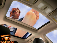 giantess collage barefoot soles low_angle red_hair looking_down vehicles sky point_of_view looking_at_viewer raised_foot taran imminent_crush