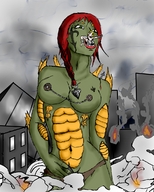 breasts drawing giantess vore city blonde color destruction sword red_hair reptile tastysnack scars nipple_shields wound