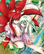 drawing giantess giga city color destruction blue_eyes barefoot cleavage helicopter huge_breasts purple_eyes green_hair red_hair kimono unknown_artist airplane lesbians giantesses river aerial_view fox_girl source_needed groping farmland plane_view