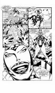 breasts drawing giantess city mega comic monochrome destruction buildings story gloves cruel series cape leotard dialogue hands_on_hips running_away villain helmet big_uns drusilla