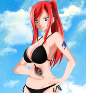 drawing giantess vore color swimsuit cleavage digestion red_hair clouds sky stomach_view internal_view