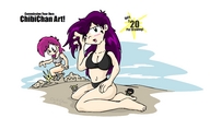 breasts drawing giantess panties mega color destruction barefoot cleavage bra purple_hair foot_crush chibichan giantesses sample_image