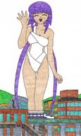 drawing giantess city long_hair swimsuit purple_hair smiling outdoors waving