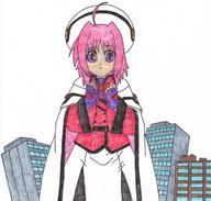drawing giantess city color buildings pink_hair looking_at_viewer