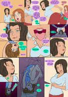 drawing vore comic color tongue blue_eyes saliva brunette digestion short_hair shrunken_woman open_mouth inside_mouth swallowed inside_stomach burp dialogue observer
