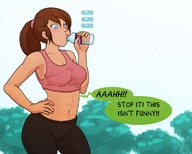 drawing vore color long_hair blue_eyes brunette digestion ponytail shrunken_woman postvore inside_stomach dialogue drinking_water water_bottle