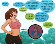 drawing vore color long_hair blue_eyes brunette digestion ponytail shrunken_woman inside_view inside_stomach dialogue