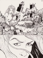 breasts drawing nipples giantess nude city blonde comic monochrome destruction barefoot castle marcos_snowbell medieval lying_down belly thighs ankles source_needed