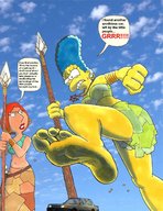 breasts drawing giantess mega color barefoot blue_hair marge_simpson simpsons giantesses family_guy vehicles the_simpsons milf earrings raised_foot dialogue lois_griffin spear imminent_crush gulliver63 carcrushlover yellow_skin makeshift_clothing