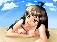 breasts drawing gentle giantess nude manga color beach cleavage anime brunette topless lying_down fluffy looking_up sky high_res shy pinned_against_breast looking_at_tiny muffyma between_breasts