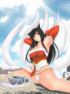 drawing giantess panties city mega upskirt black_hair color long_hair destruction cleavage climbing kneeling fox_girl looking_at_viewer league_of_legends ahri trickartist