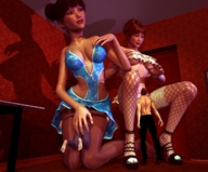 multiple_giantesses barefoot high_heels brunette red_hair short_hair mini_giantess underboob between_legs looking_down giantesses indoors digital_render hair_buns