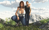 giantess long_hair cleavage jeans huge_breasts brunette smiling couple red_hair mini_giantess kneeling amazon looking_at_viewer nyom87 digital_render