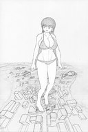 drawing giantess city mega monochrome swimsuit destruction barefoot cleavage huge_breasts looking_down yamumil