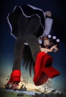 giantess giga wings city upskirt black_hair destruction high_heels touhou red_eyes unknown_artist camera looking_down aya_shameimaru digital_render