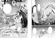 giantess manga mega monochrome long_hair destruction small_men handheld skirt angry kneeling hand uniform omiomikekyu
