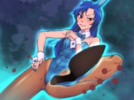 blue_hair blood foot_crush point_of_view idolmaster kisaragi_chihaya bunny_outfit grimace disgusted_look okumen