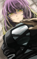 drawing color touhou purple_hair yellow_eyes green_hair hijiri_byakuren reaching point_of_view looking_at_viewer ginji slight_playful_smile